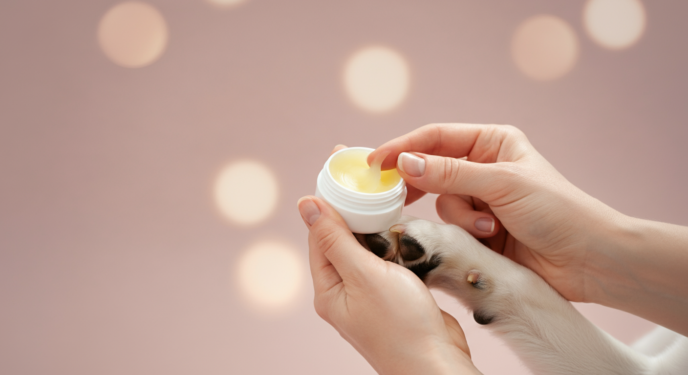 飼い主の手が犬の足を優しく持ち、肉球にクリームを塗っている様子のクローズアップ写真。