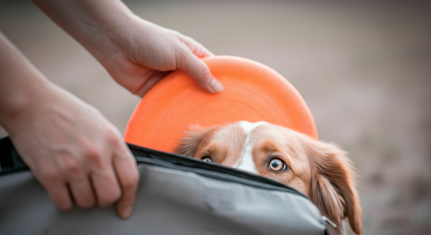 飼い主がフリスビーをバッグにしまう手元と、それを見上げる犬のキラキラした瞳の一部を写した写真。