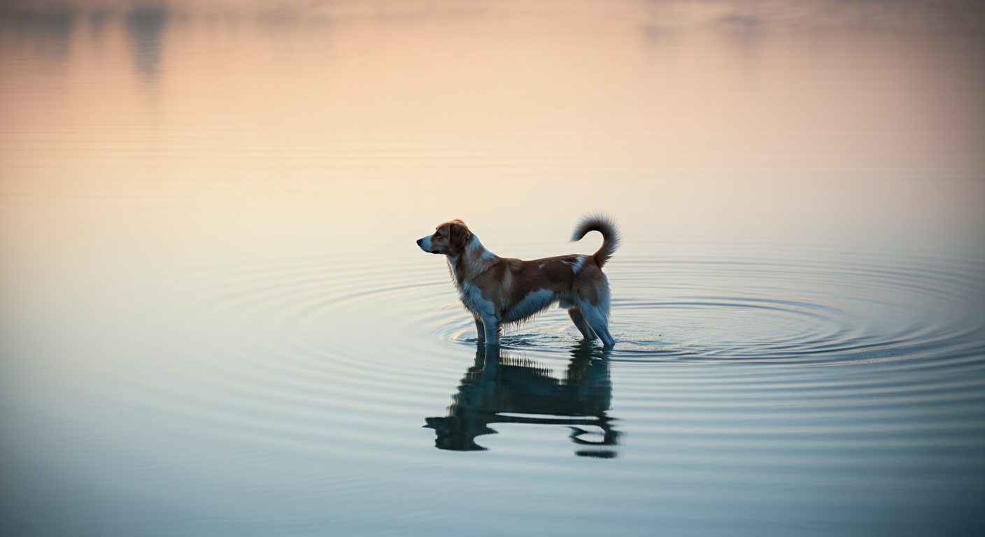 パステルカラーのミニマルな空間で、朝日の光の中、水面に犬のシルエットが映り込んでいる。
