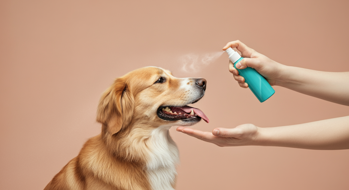 飼い主の手が犬の顔を優しく覆い、スプレーがかからないように保護している様子の抽象的な写真。