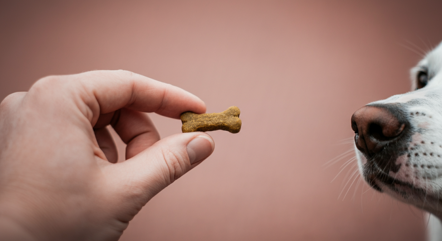 飼い主の手がおやつを差し出しているクローズアップ写真。ポジティブトレーニングのイメージ。