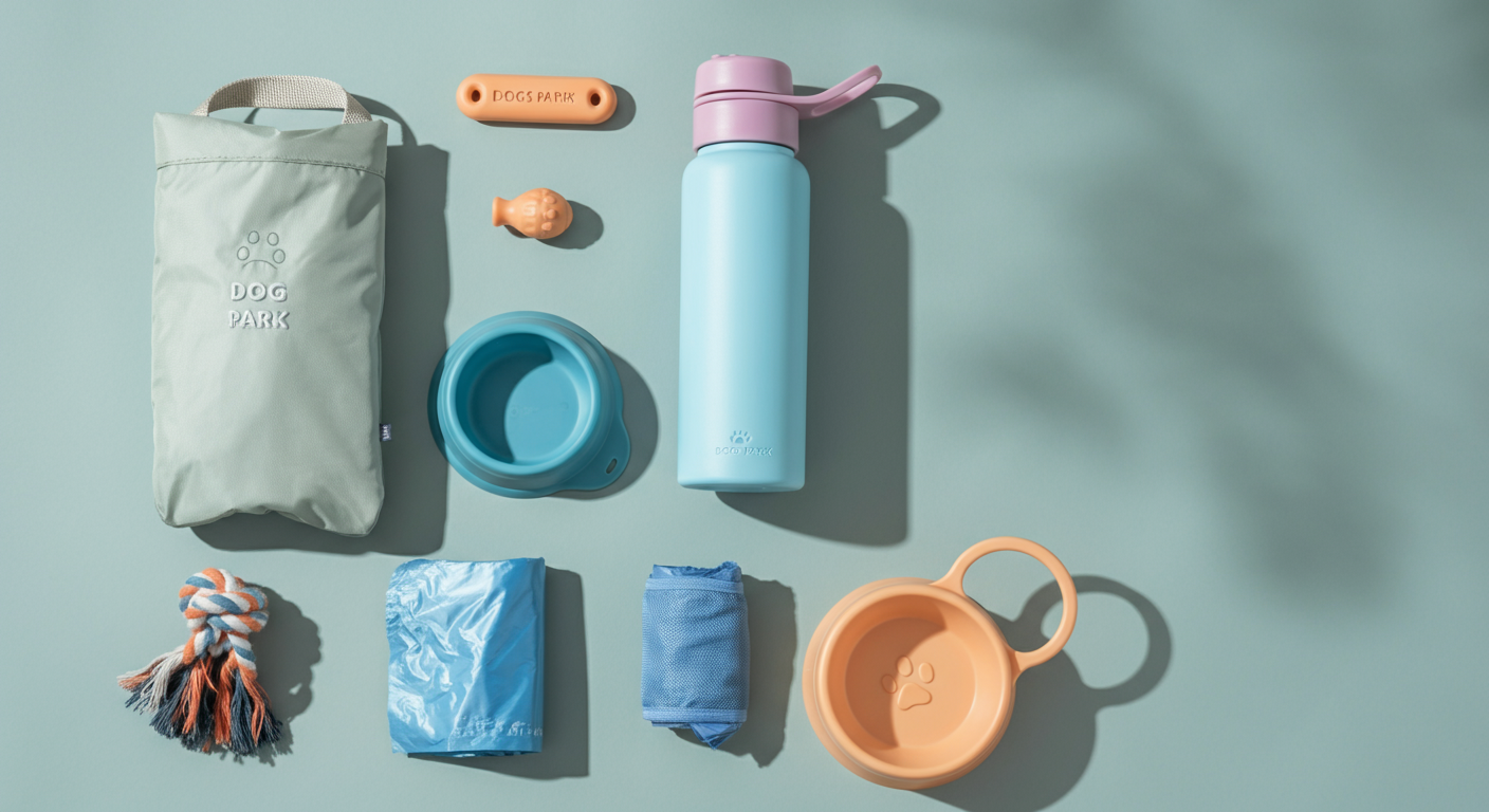 パステルカラーの水筒、折り畳み式のボウル、うんち袋、おもちゃといったドッグランの必須アイテムが、明るい背景にきれいに並べられたフラットレイ写真。