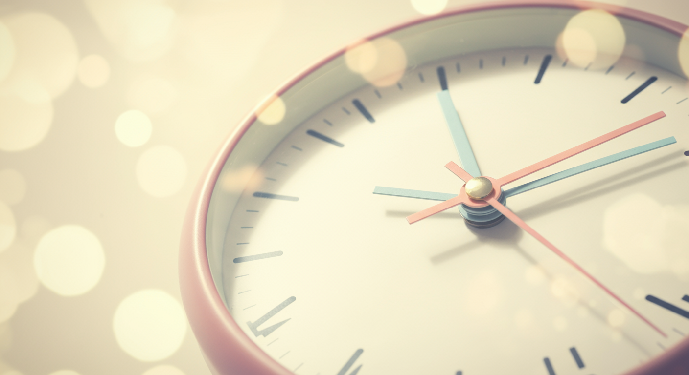 パステルカラーの針が早朝を指している、シンプルで上品な時計の文字盤。柔らかい光が差し込んでいる。