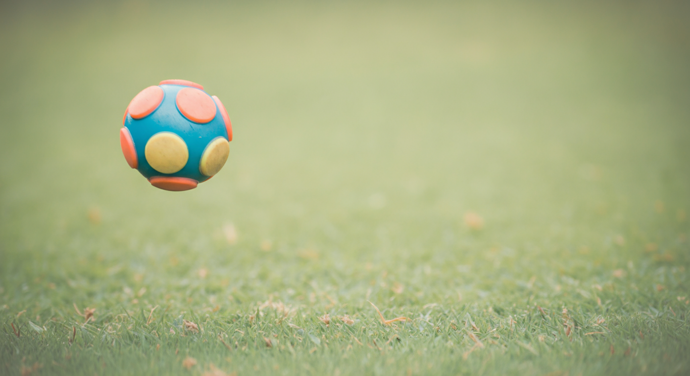 ドッグランの緑の芝生を背景に、空中に浮かぶカラフルなボール。