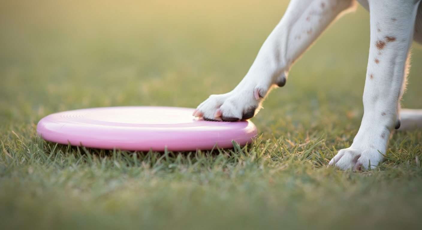 芝生の上に置かれたフリスビーの横に、そっと置かれた犬の足