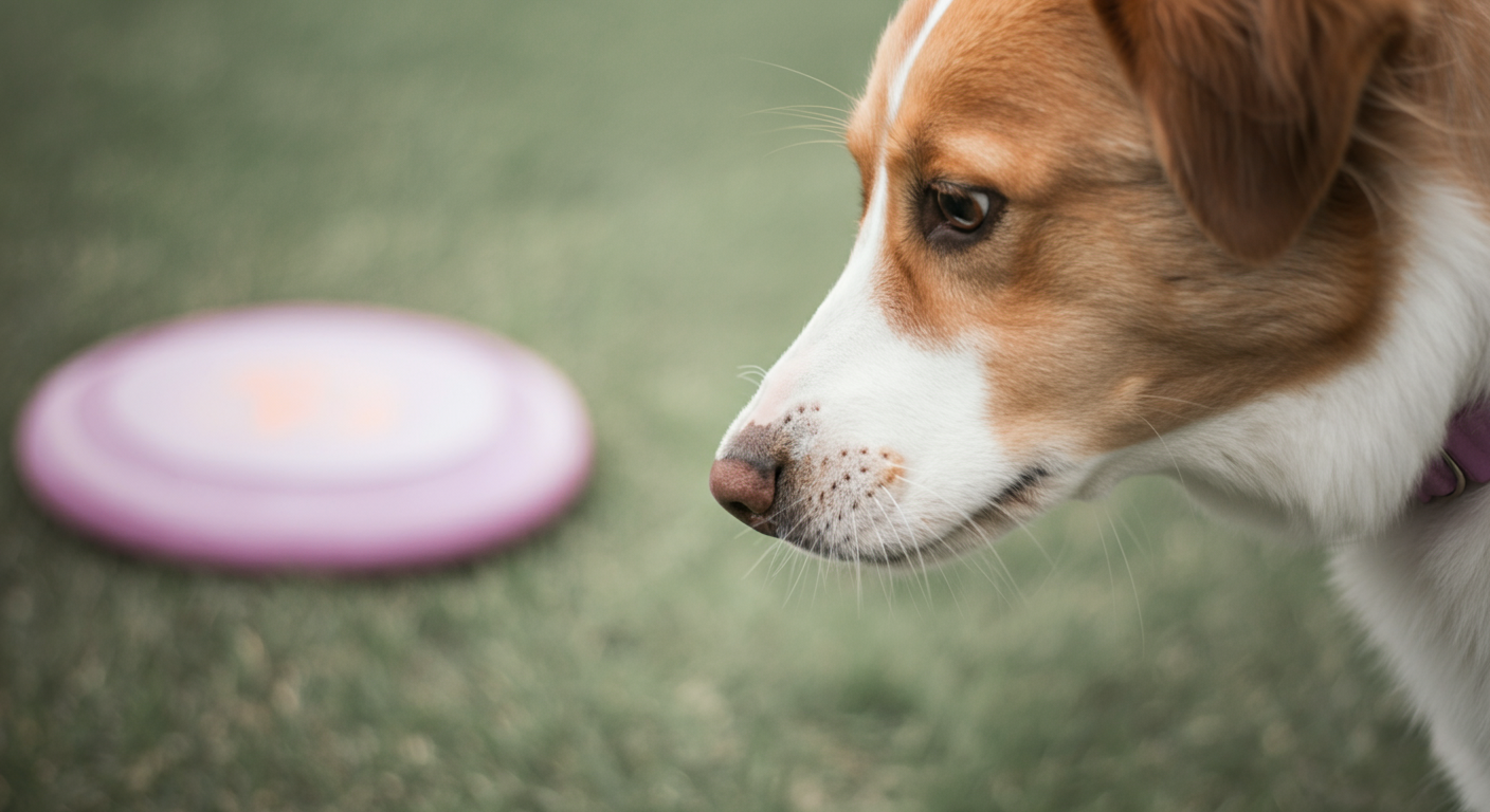 飼い主の手にあるおやつに犬が鼻を寄せているクローズアップ。背景にはフリスビーがぼやけて写っている。