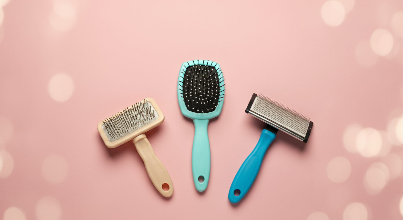 パステルカラーの背景に、ラバーブラシ、ピンブラシ、スリッカーブラシの3種類が美しく並べられた俯瞰写真。