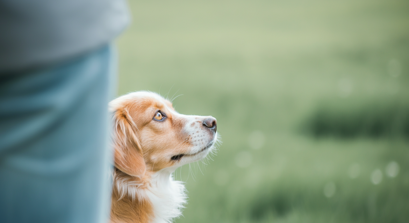 飼い主をじっと見上げる犬の瞳のクローズアップ。背景はドッグランの芝生がぼけている。