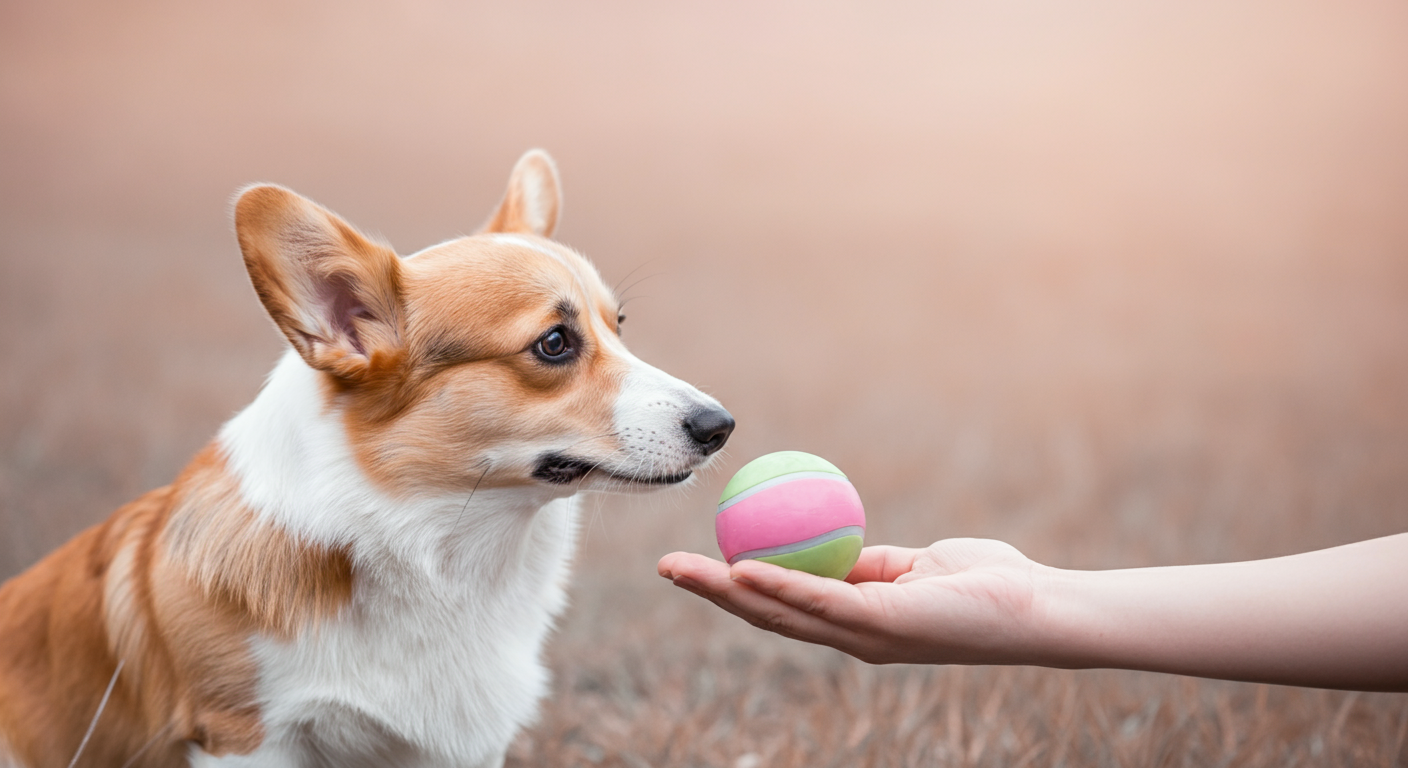 飼い主の差し出す手に、コーギーが鼻でボールをそっと返している様子の写真。