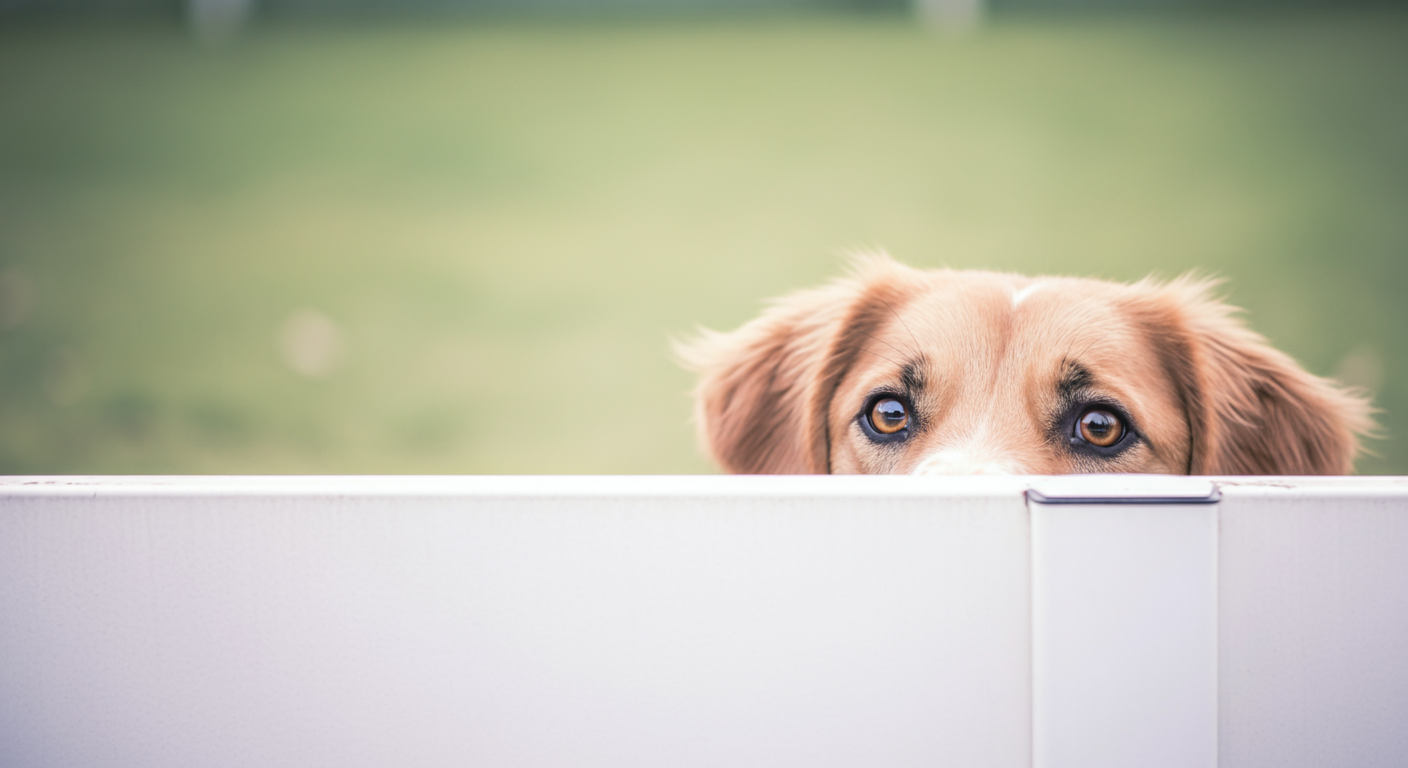 白いフェンスの隙間から、遠くのドッグランを静かに見つめる一匹の犬の横顔のアップ。