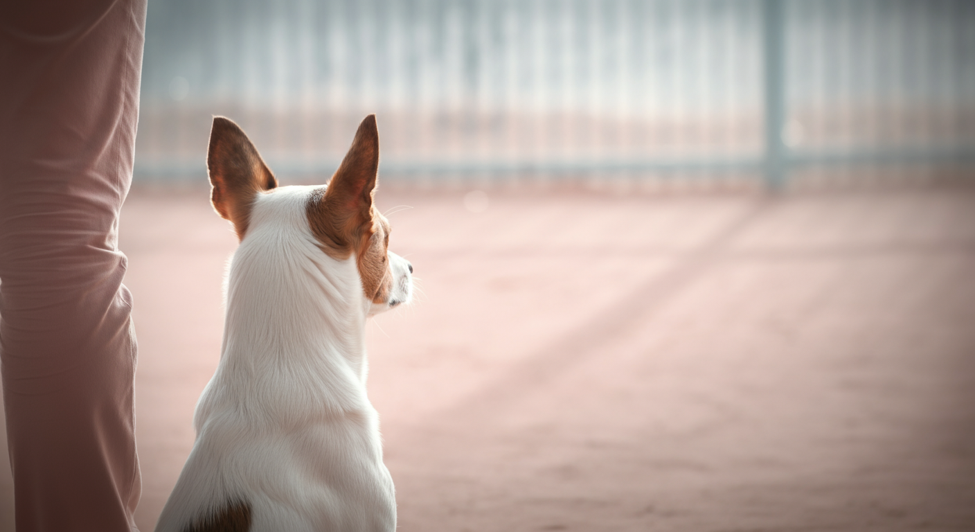 飼い主の足元で、遠くにあるドッグランのフェンスを静かに眺めている一匹の犬の後ろ姿