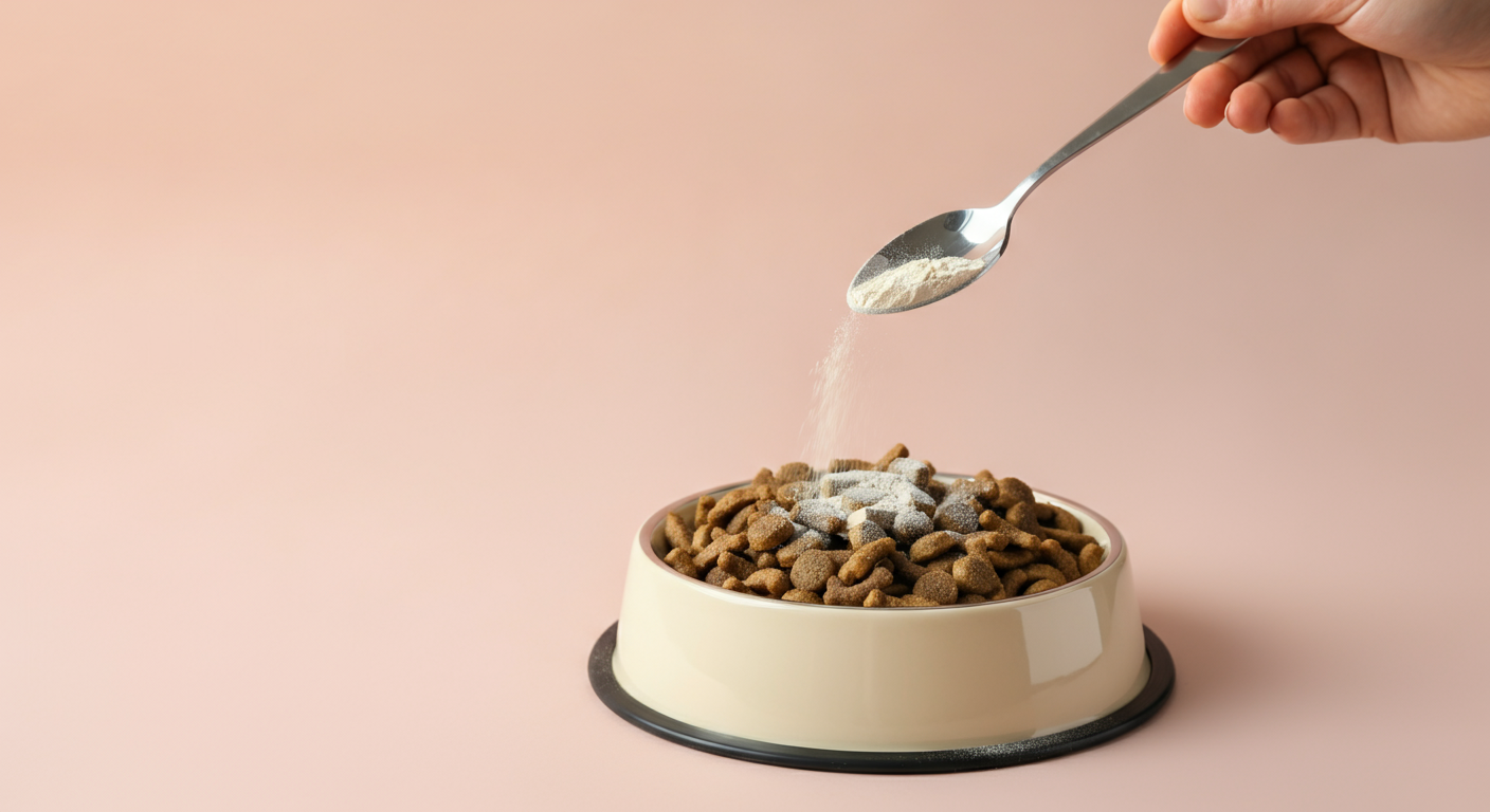 犬用のフードボウルに、スプーンでグルコサミンの粉末サプリメントを振りかけている様子。