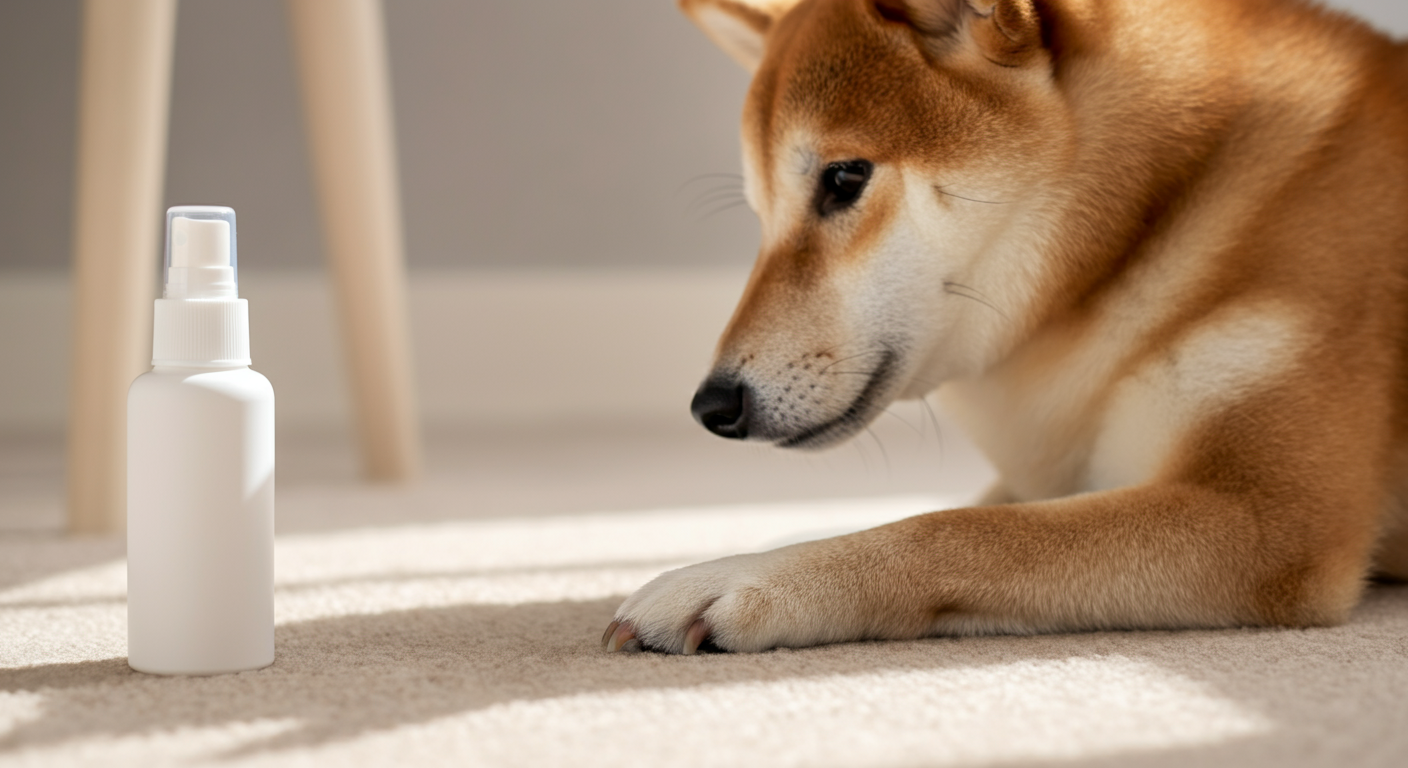 ベージュのカーペットの上に置かれた白いスプレーボトルの横に、柴犬の前足がそっと置かれている。