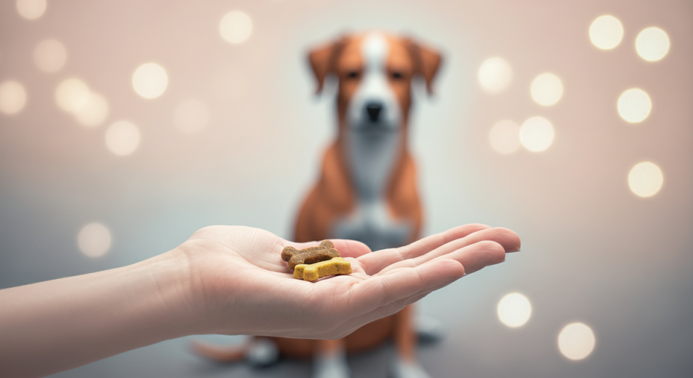 手のひらに乗せられた犬用おやつのクローズアップ。背景には犬のシルエットがぼやけて写っている。