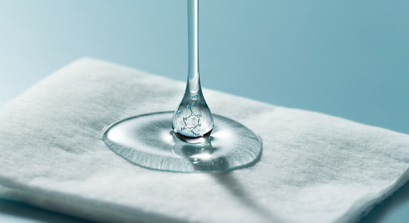ウェットティッシュに滴る保湿成分の雫。科学的根拠に基づいたスキンケアを表現。