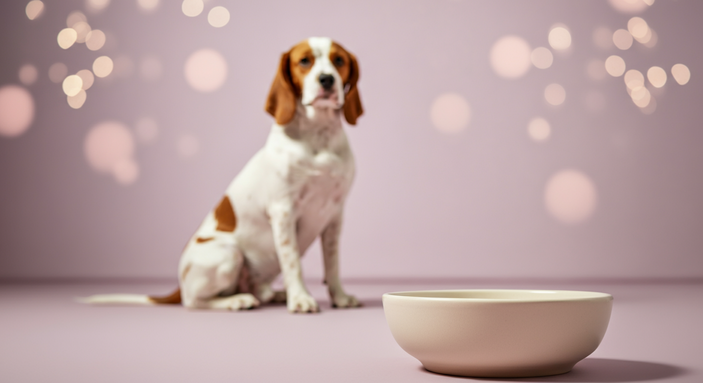 パステルカラーの床に置かれた空のフードボウルと、その後ろでぼんやりと座って待っている犬。