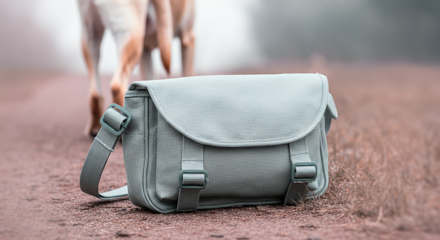 幅広のストラップが付いたマナーポーチを斜めがけし、大型犬と歩く人の腰元