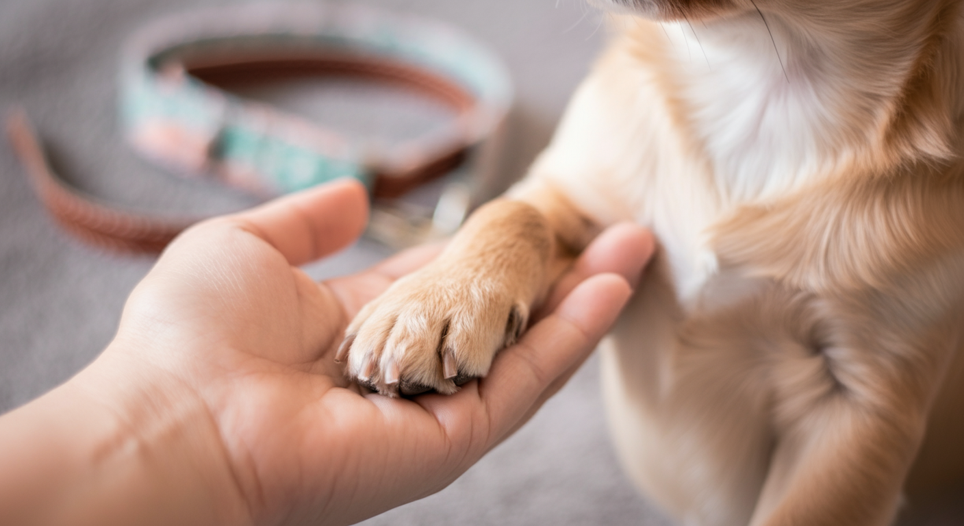 飼い主の手に優しく置かれた犬の前足。背景にはマナーベルトがぼやけて写っており、飼い主と犬の信頼関係を象徴している。