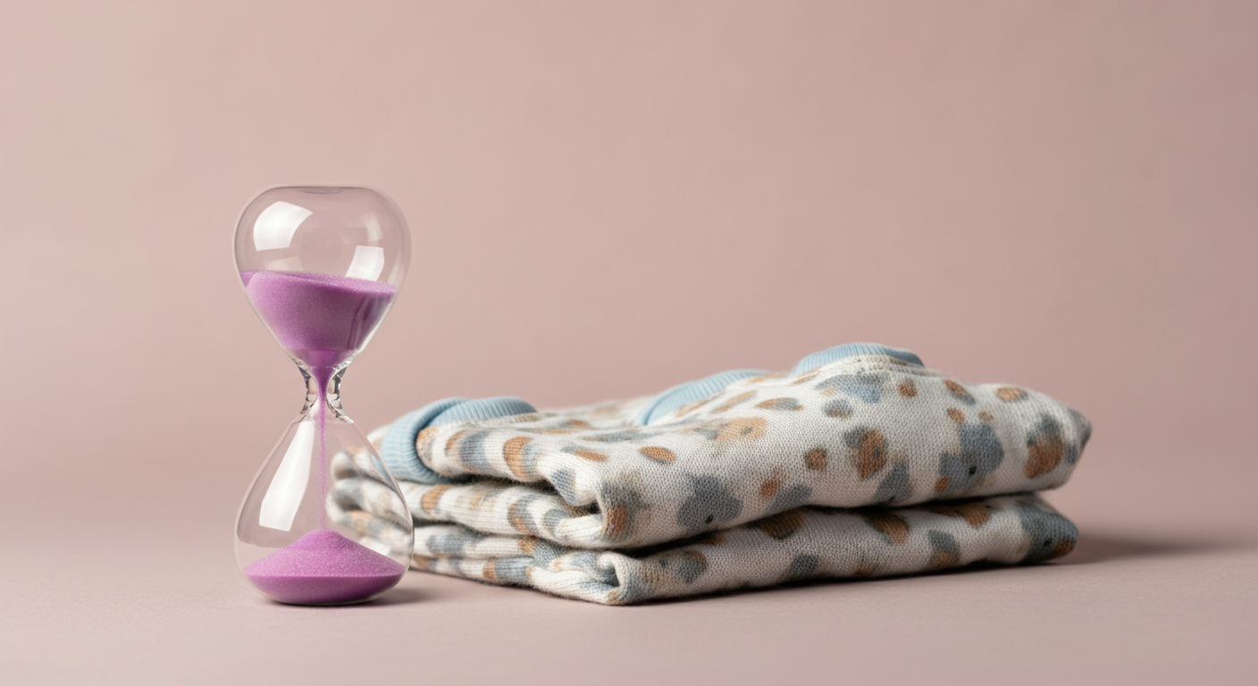 パステルカラーの砂が流れる砂時計と、その横に綺麗に畳まれたマナーウェア。タイミングと一時的な使用の概念を示唆している。
