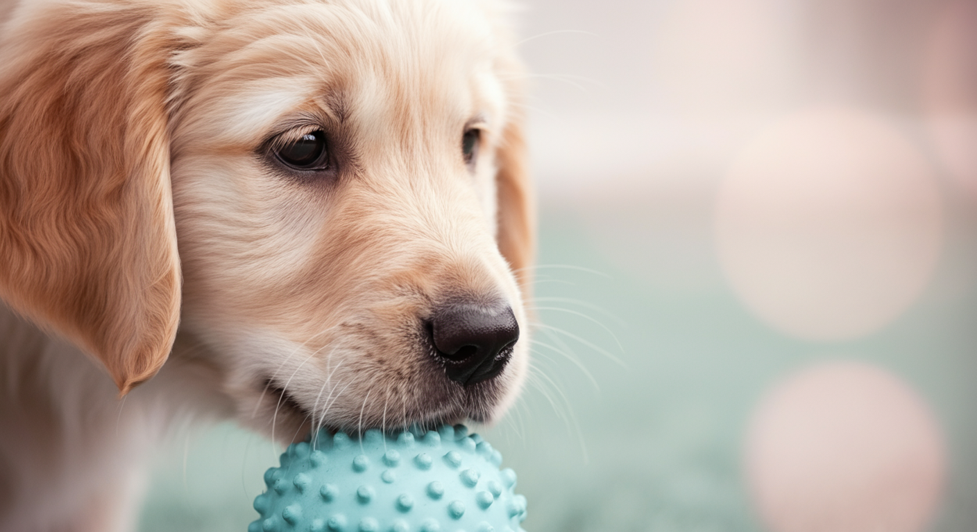 子犬がパステルブルーのボールの匂いを嗅いでいる様子のクローズアップ