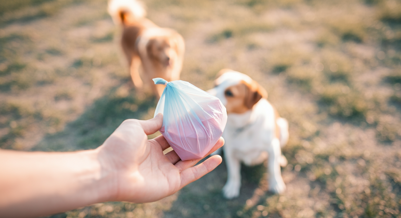 ドッグランで、一人の飼い主がもう一人にうんち袋を一枚差し出している優しい手元の写真。