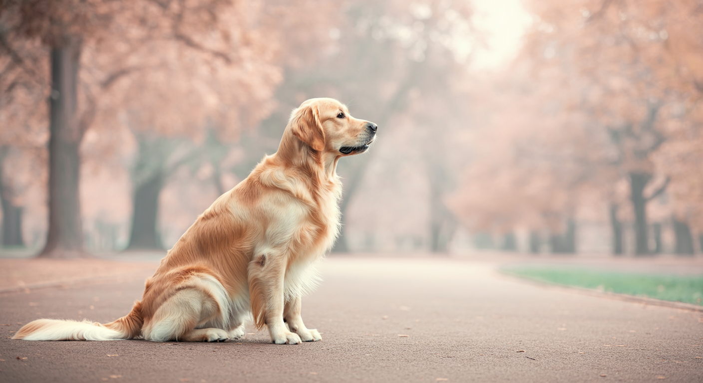 ドッグランで落ち着いてお座りしている一匹の犬。飼い主の方を穏やかに見つめている。