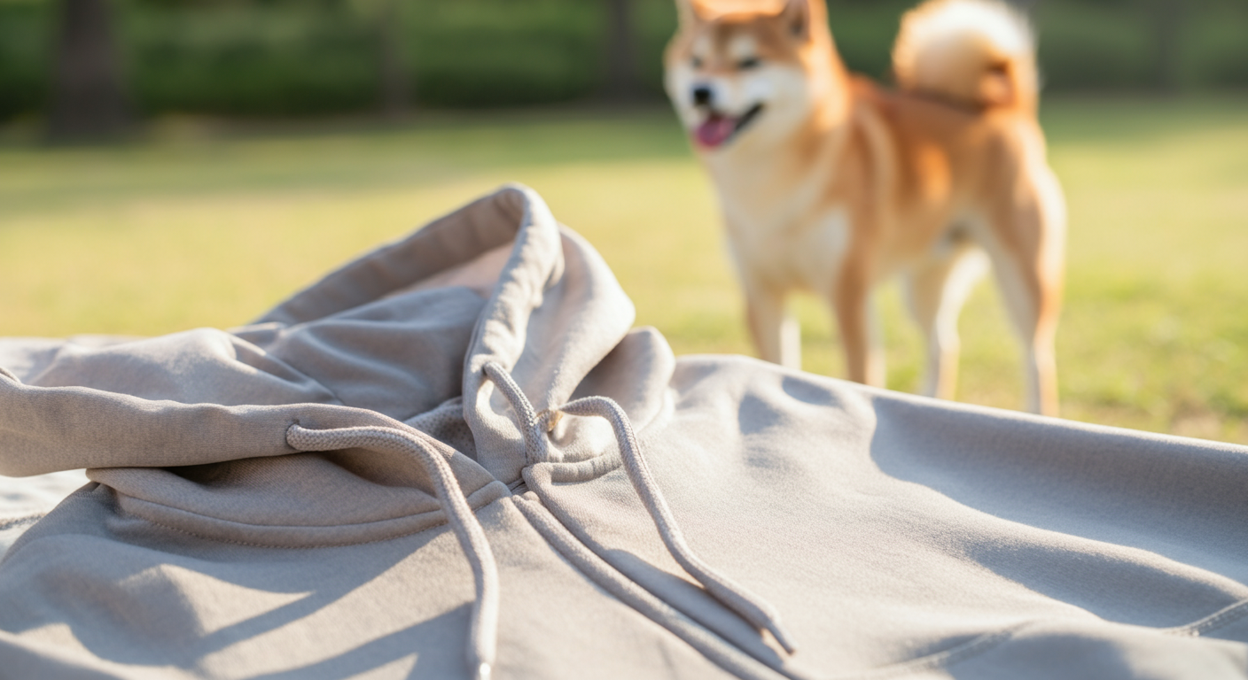 風にそよぐ、通気性の良い薄いパーカーの生地のクローズアップ。
