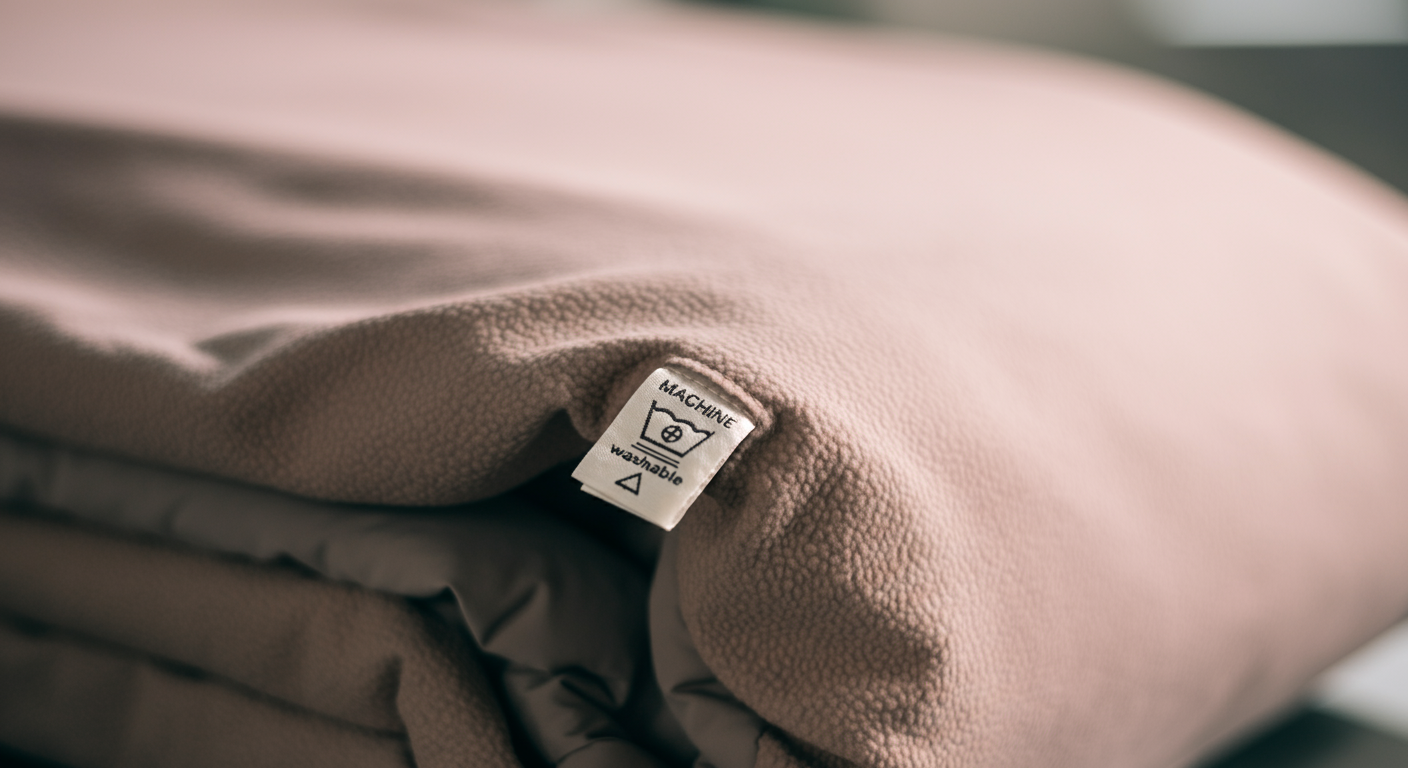折り畳まれたシートカバーの角から、洗濯表示タグが見えている写真。「洗濯機使用可」のアイコンにピントが合っている。