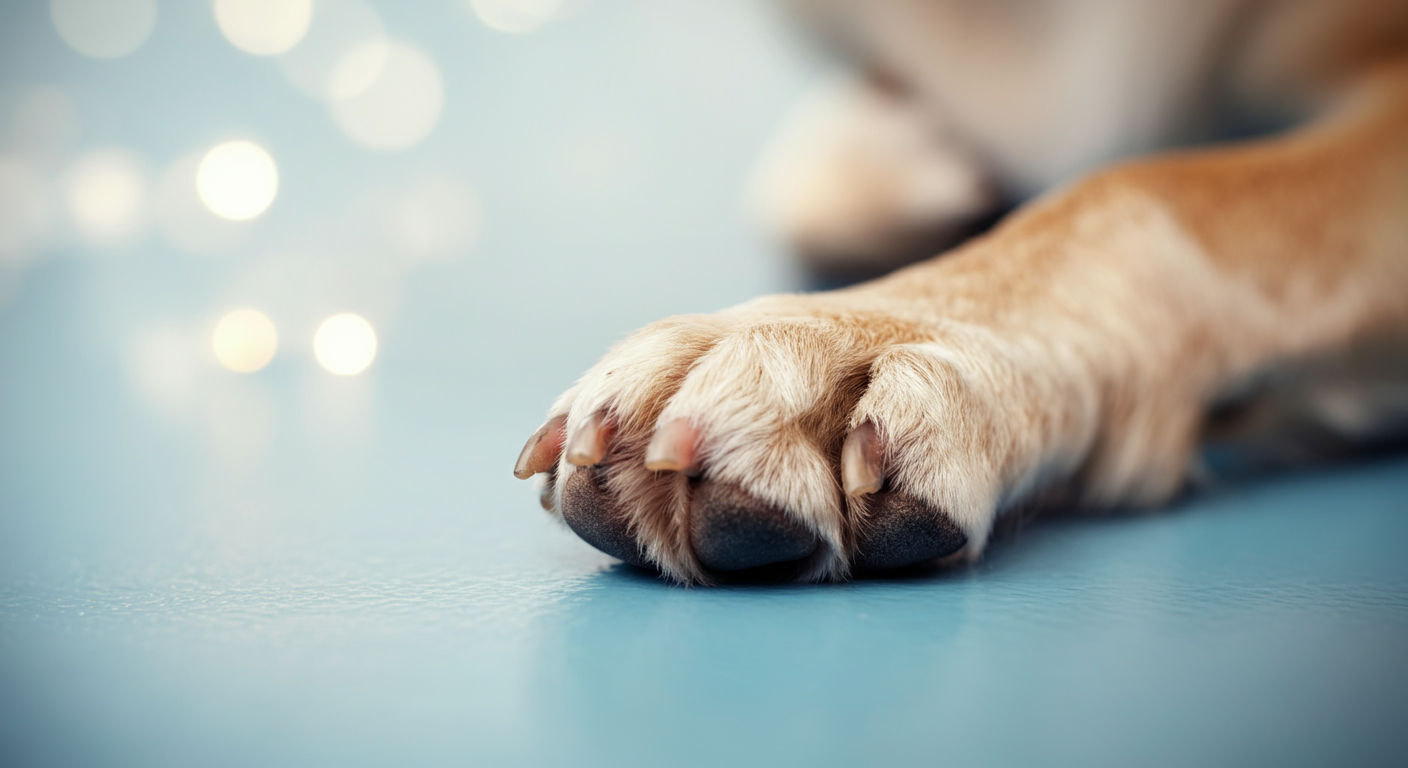 涼しげで滑らかな水色の床の上で休んでいる一匹の犬の肉球のクローズアップ写真。穏やかさと回復を表現している。