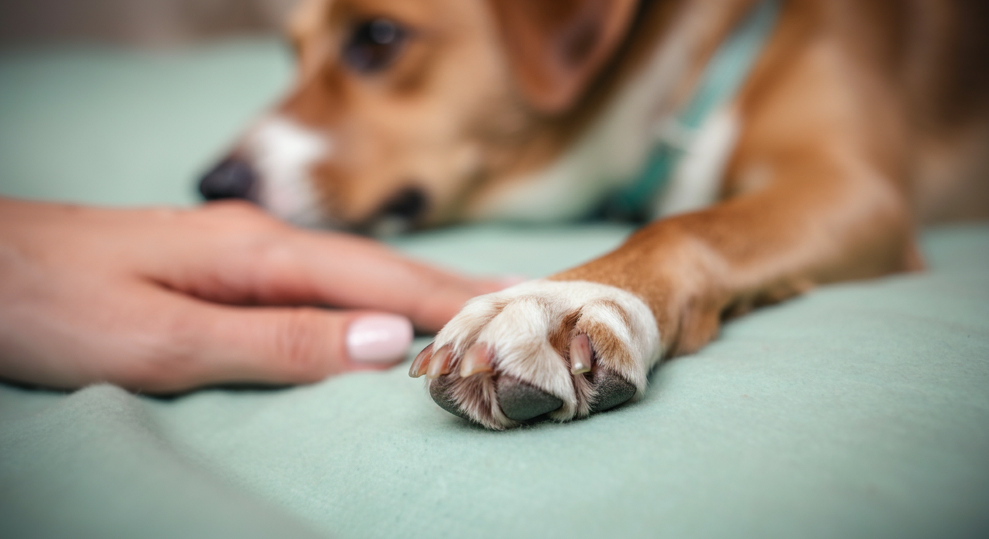 ミントグリーンのブランケットの上で休む犬の健康的な肉球のアップ。近くに飼い主の手がそっと添えられている。