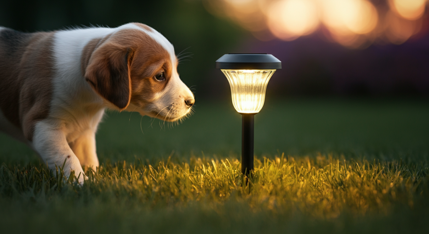 地面に設置されたソーラーライトの匂いを嗅ぐ子犬