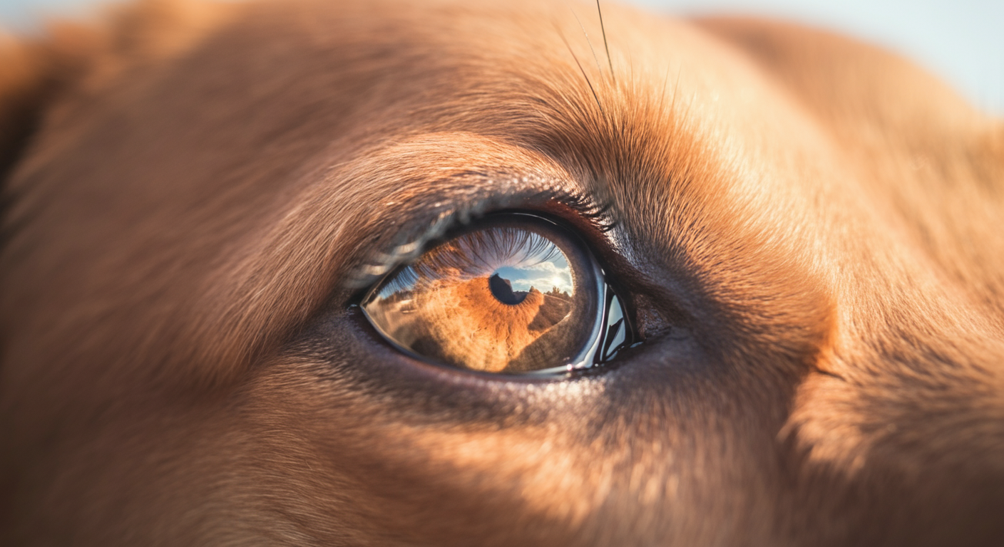 柔らかな日差しが反射している犬の目のクローズアップ写真。