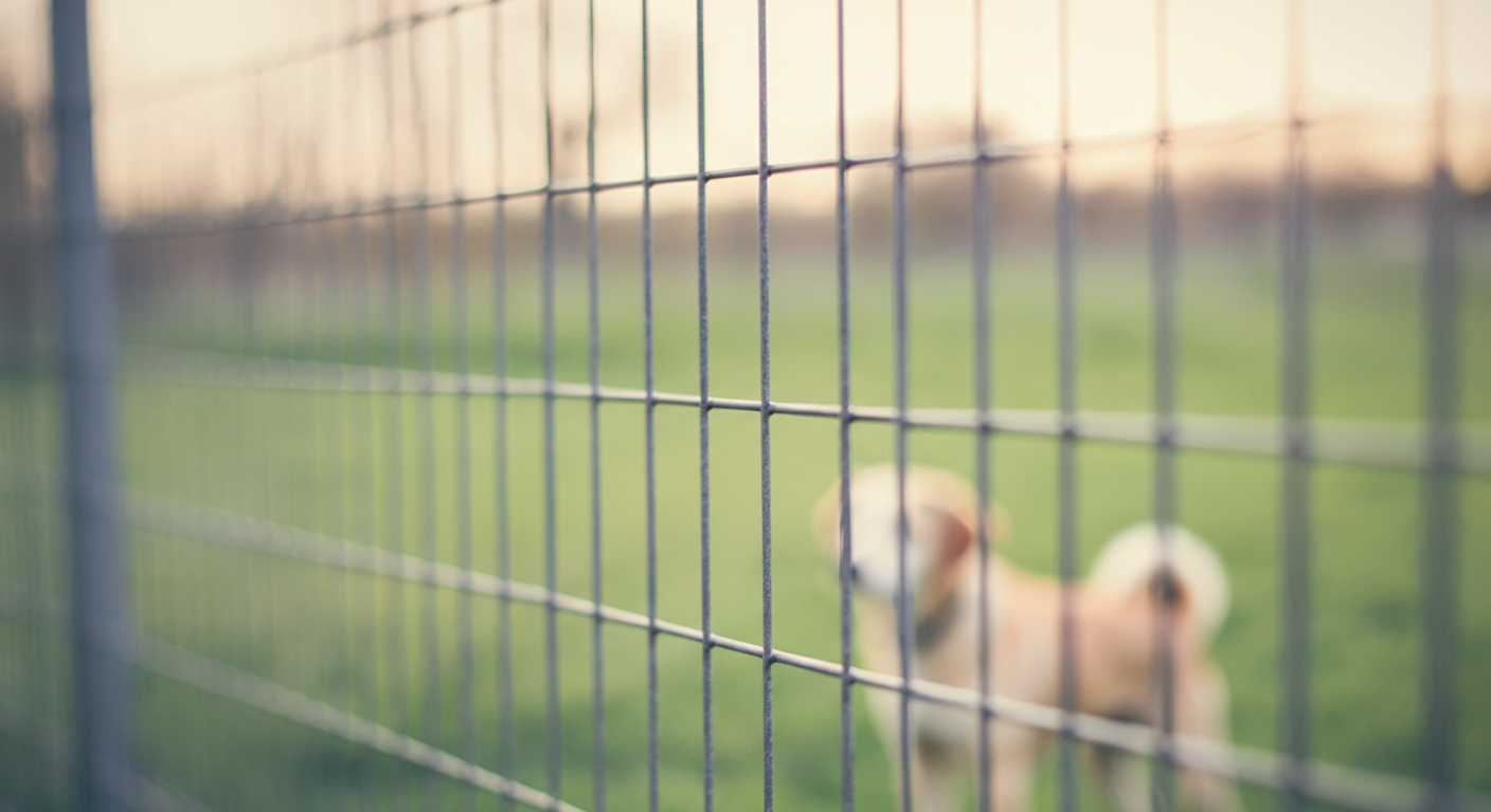 頑丈なドッグランのフェンスの網目をマクロ撮影した写真。背景はぼけており、安全性を強調している。