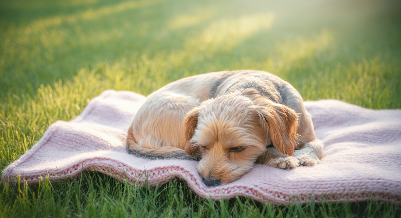 芝生の上に敷かれたブランケットの上で、安心して丸くなって休んでいる犬