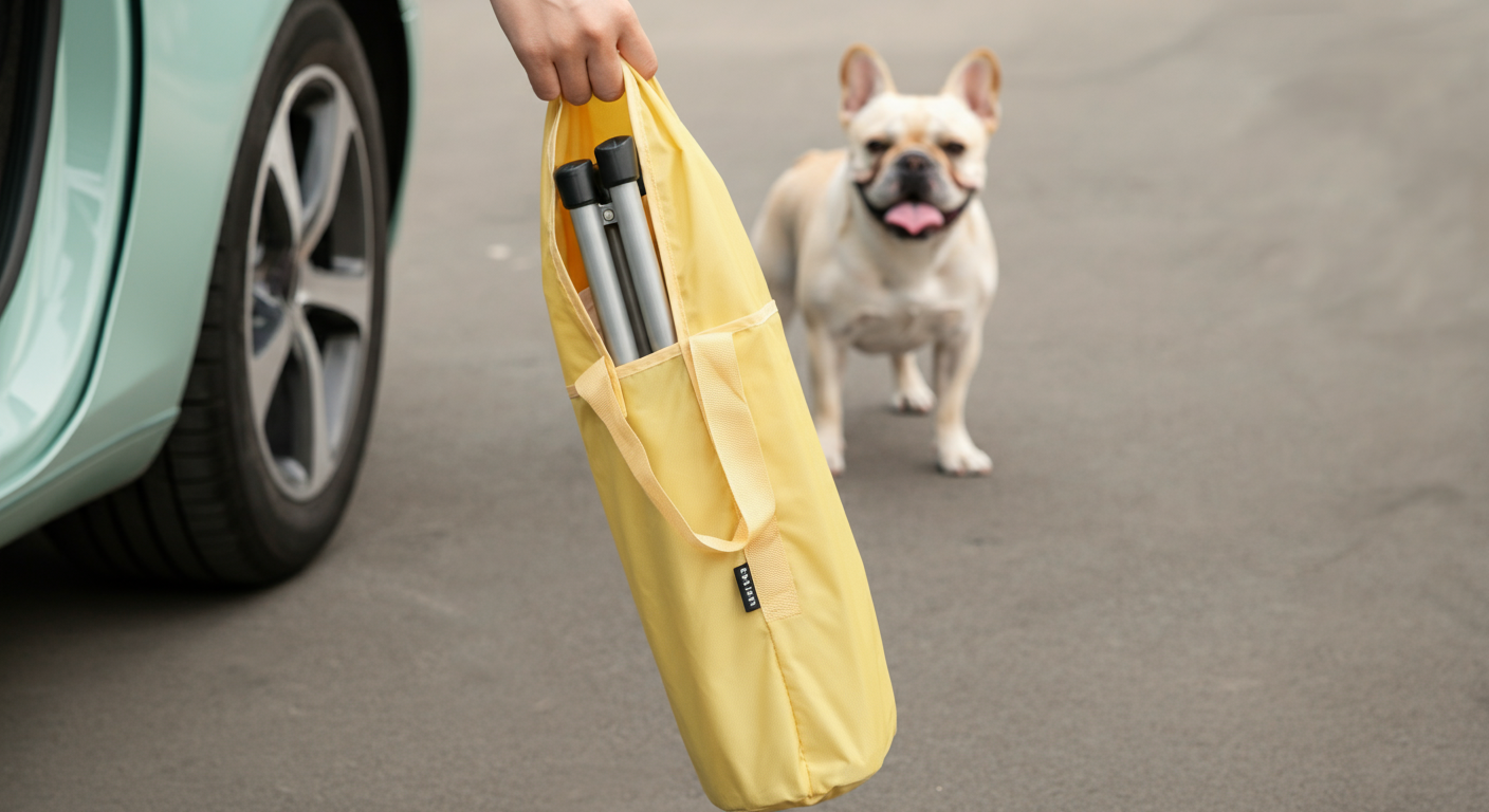 パステルイエローの収納袋に入ったコンパクトな折りたたみ椅子を片手で持つ人物。背景には一匹のフレンチブルドッグがいる。