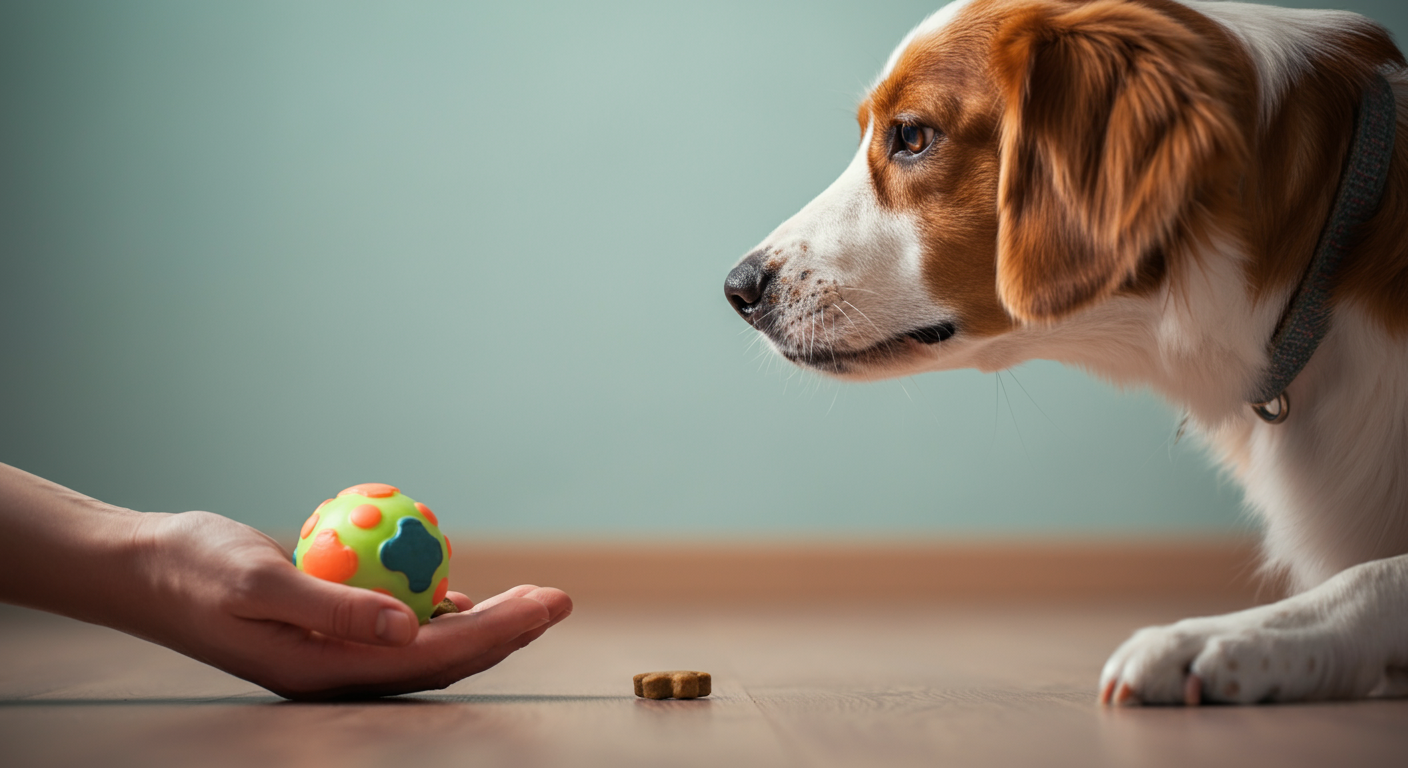 床に置かれたおもちゃの隣で、人が手のひらに乗せたおやつを犬が吟味している様子。