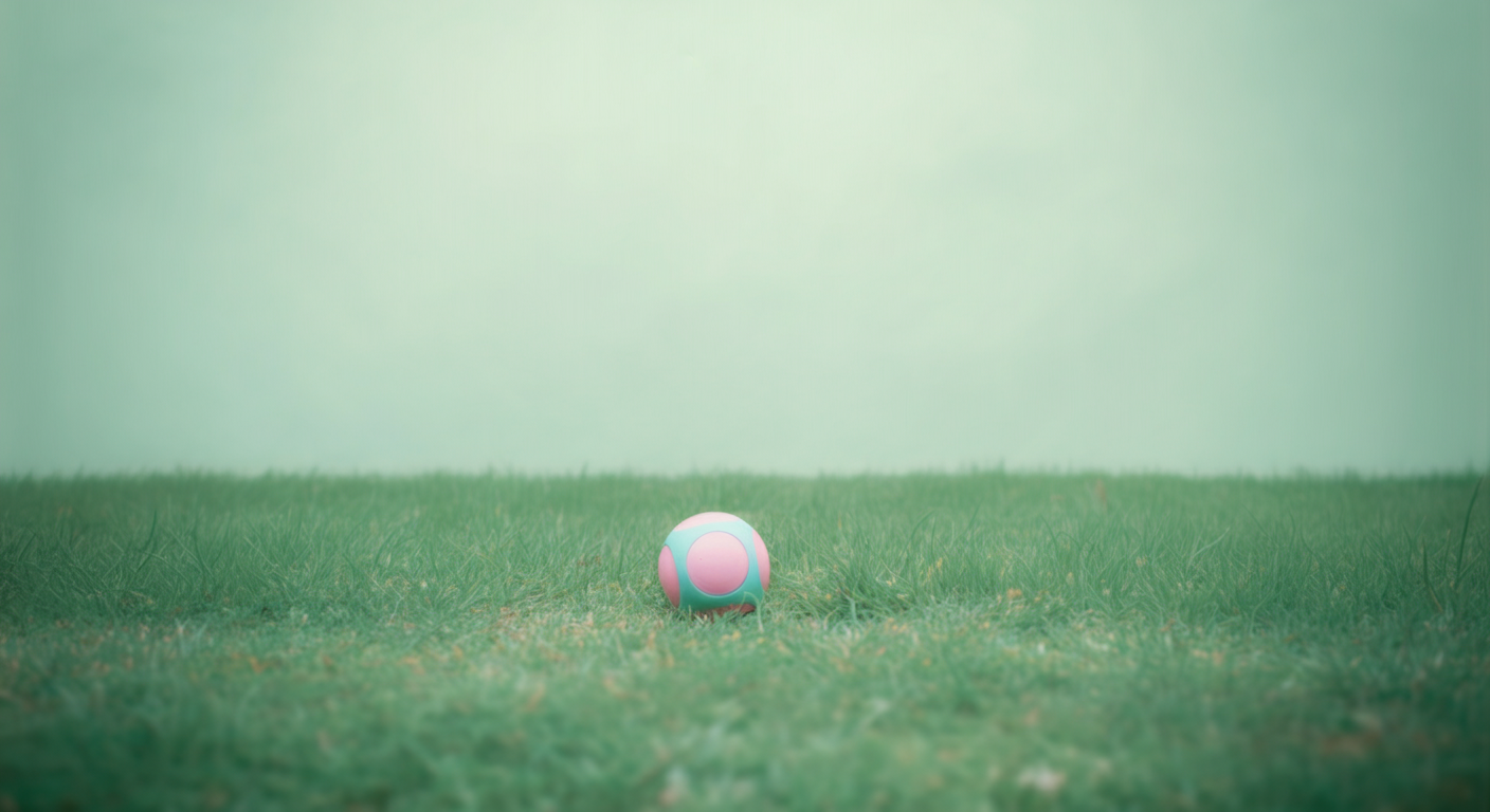 広大な緑の芝生の上にポツンと一つだけ置かれた、カラフルな犬用ボールのミニマルな写真。