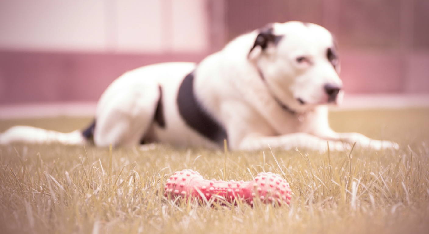 芝生の上に置かれた犬用のおもちゃ。背景では、大型犬が落ち着いて休んでいる。