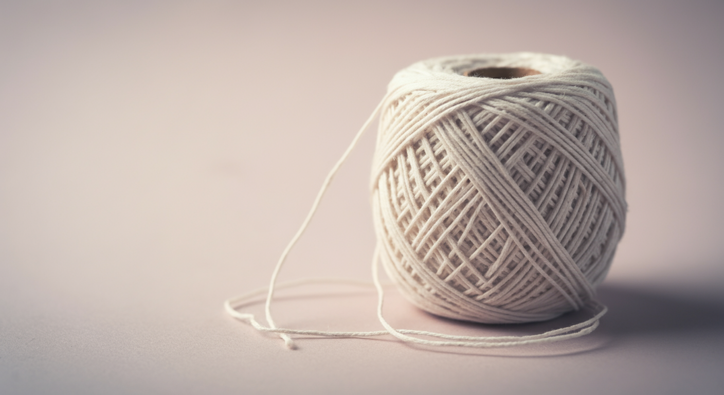 パステルカラーの背景に置かれた、編み目の美しいロープ製ボールのクローズアップ写真。
