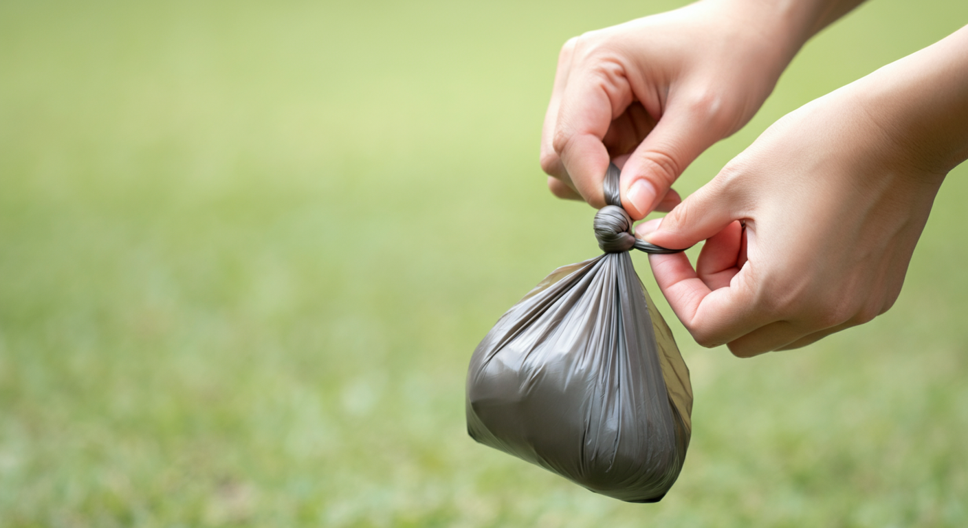 公園の芝生の上で、犬の排泄物が入ったマナー袋の口を清潔に結んでいる人の手
