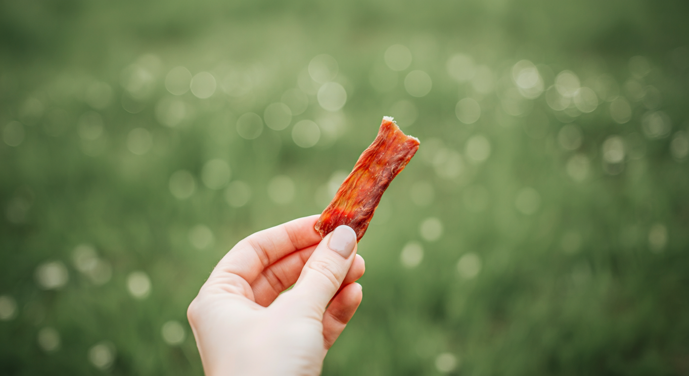 ドッグランの背景に、特別なドッグトリーツを持つ飼い主の手のクローズアップ。