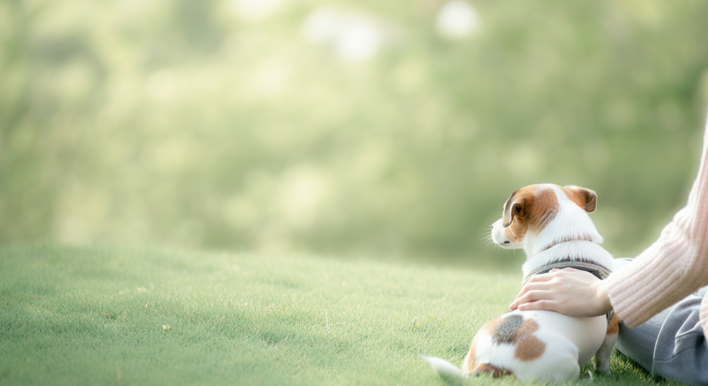 パステル調の光の中、芝生に座る飼い主の隣にぴったりと寄り添い、安心している小さな犬の後ろ姿。