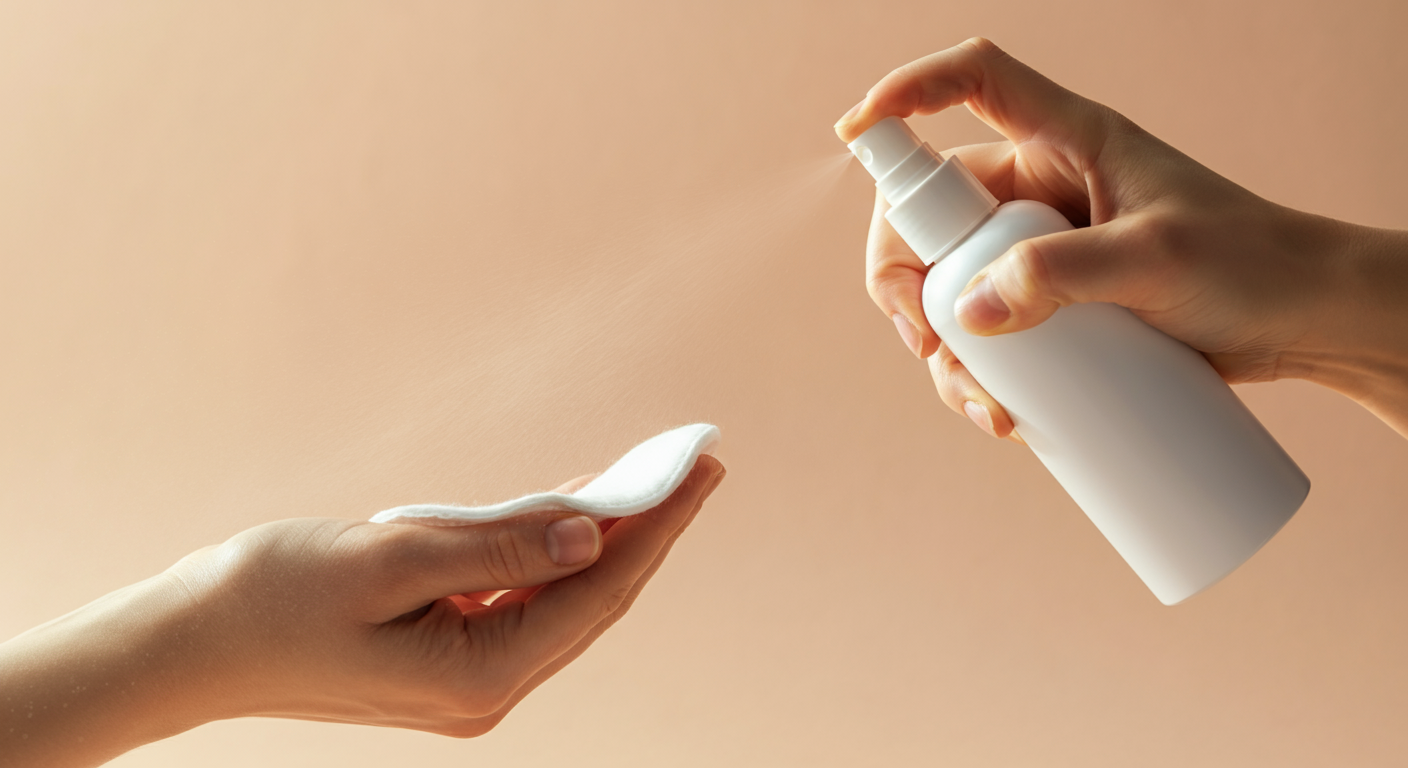 清潔なコットンパッドに、スプレーボトルから優しくミストを吹きかけている様子。