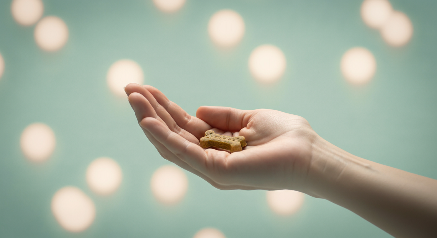 手のひらで小さなドッグトリーツを優しく隠し持っている様子を捉えたクローズアップ写真。