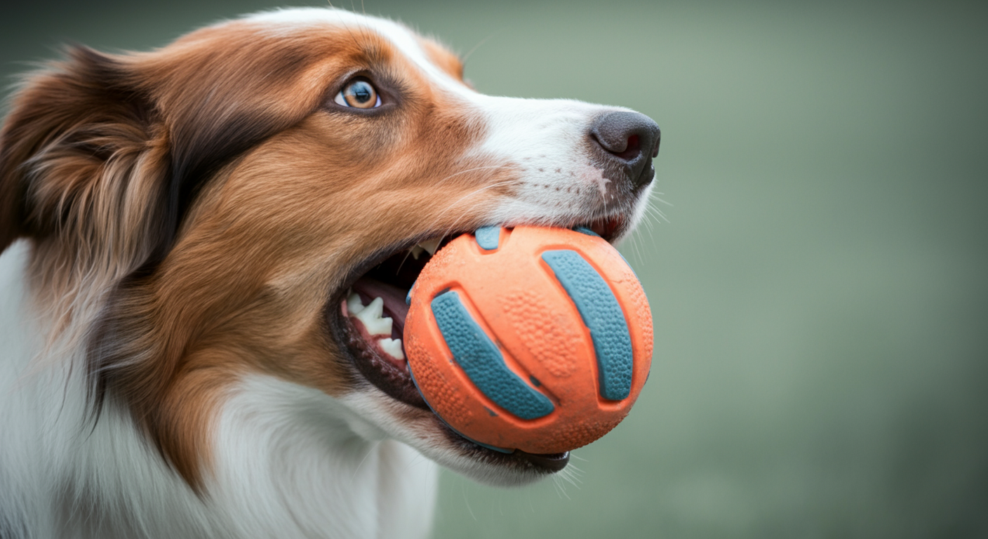 ボールを口にくわえている中型犬のクローズアップ