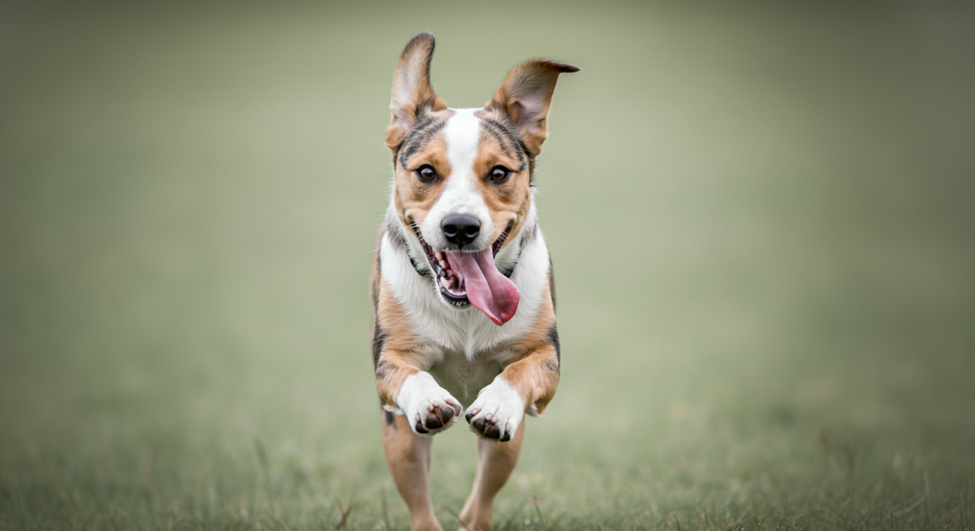 ローアングルから撮影された、楽しそうにカメラに向かって走ってくる一匹の犬。背景は緑で美しくぼかされている。