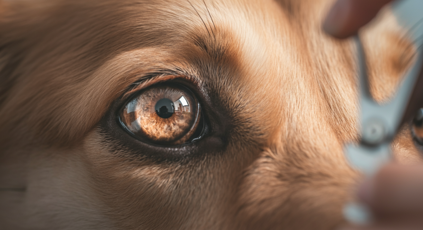 飼い主が持っている爪切りを、一匹の犬が警戒した目で見つめているクローズアップ写真。