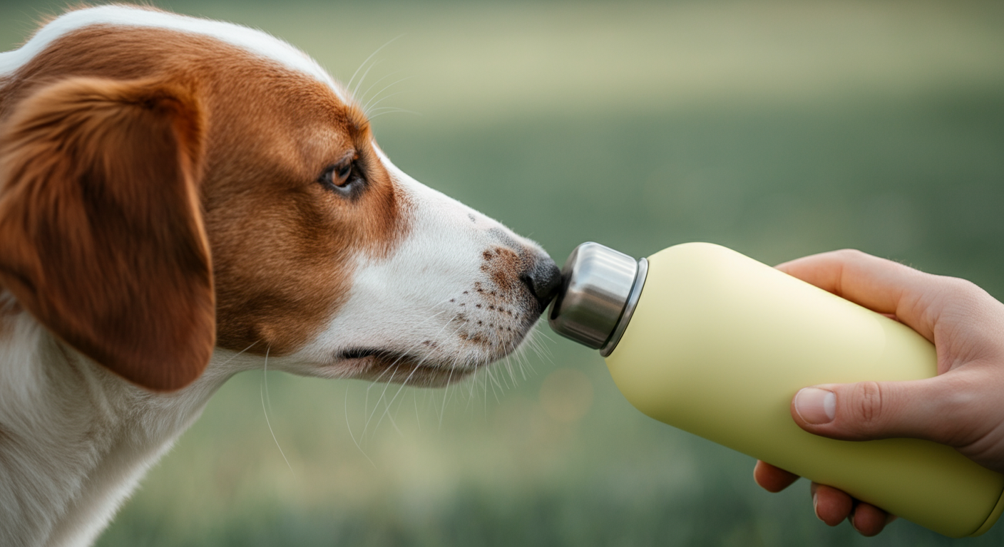 犬が飼い主の持つパステルイエローの給水ボトルの匂いを嗅いでいるクローズアップ。