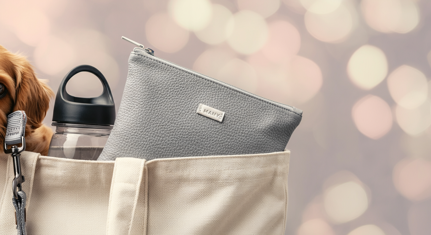 パステルカラーの背景に置かれた、ドッグラン用の持ち物が入ったトートバッグ。マナーポーチがちらりと見えている。