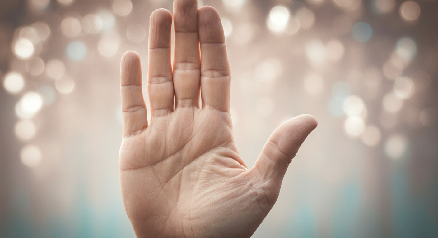 パステルカラーの背景に、人間の手が「待って」と制止するような形で優しくかざされている。冷静な判断を促す写真。